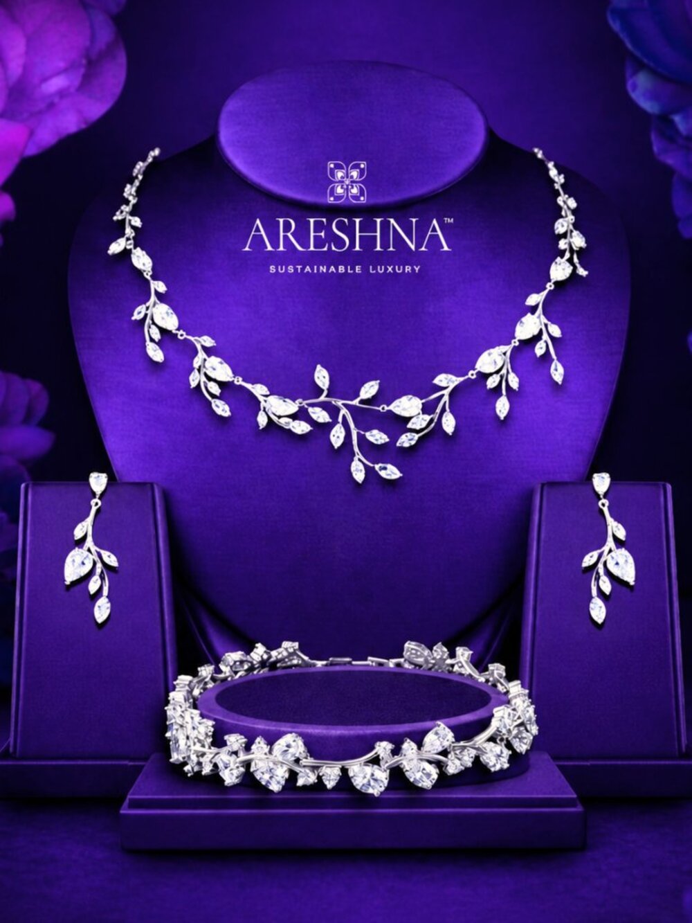 14K Gold Swarovski Bridal Wedding Floral Leaf & Vine 3Pcs Luxury Jewelry Set